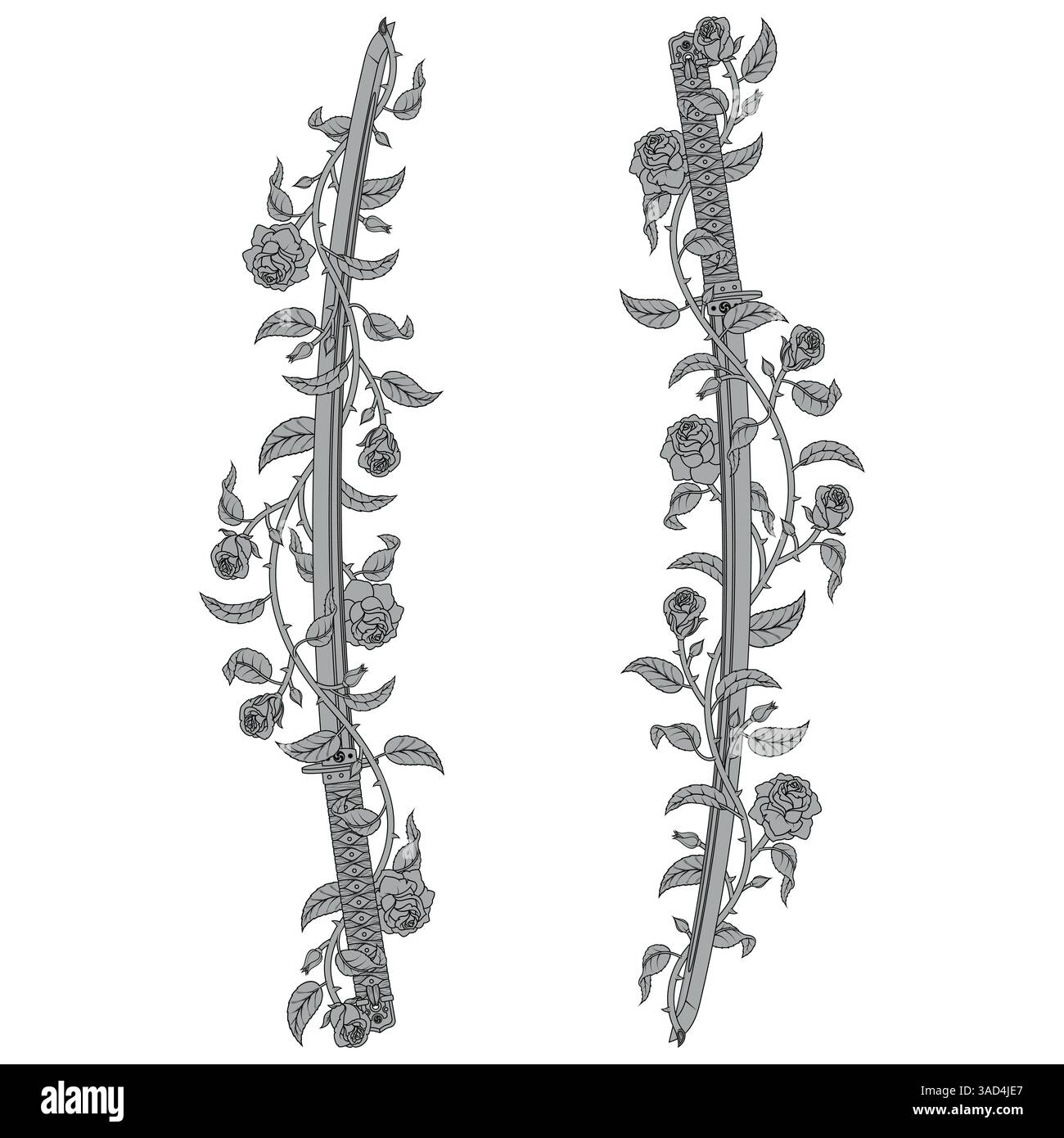 Samurai-Schwert umgeben von einer Pflanze, feudales altes japanisches Katana mit Rosen, Waffe, die von Samurai-Kriegern mit Rosen verwendet wird Stock Vektor