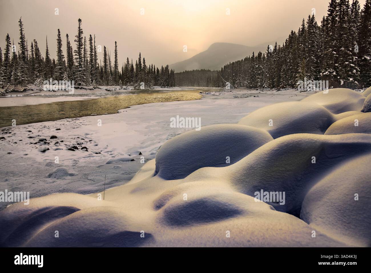Schneeberge am Bow River, Kanada Stockfoto