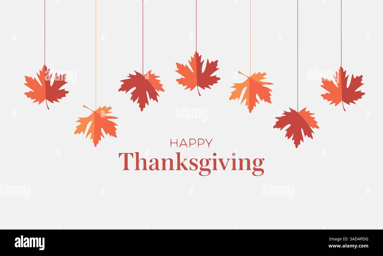 Happy Thanksgiving Day typografische Vorlage für Poster. Vielen Dank Grußkarte mit Zweigen und hängenden Ahornblättern. Festliches Banner und Abzeichen Stock Vektor