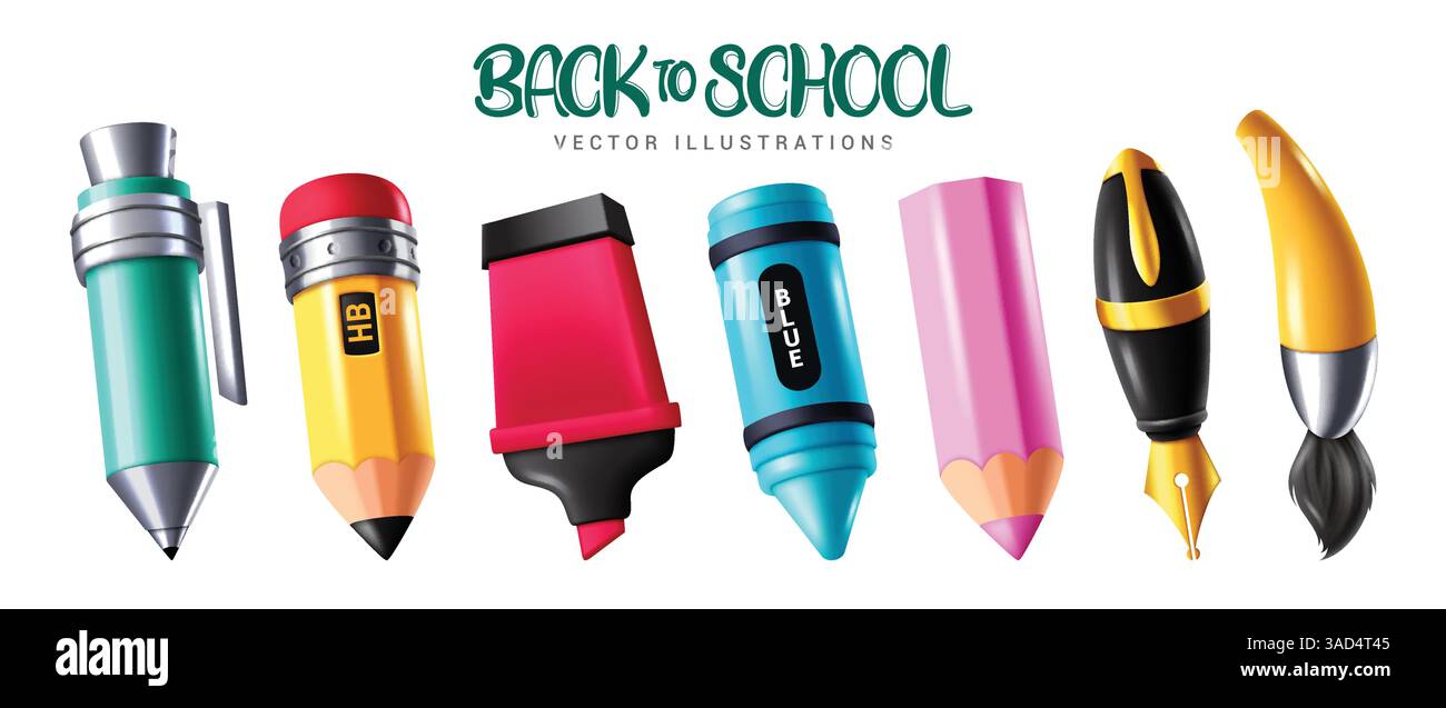 Zurück zur Schule Zeichnen 3D-Stiftelemente Clipart-Set. Zeichnungs- und Schreibwerkzeuge für den Schulstift, wie Bleistift, Marker, Textmarker, Buntstift, Farbe Stock Vektor