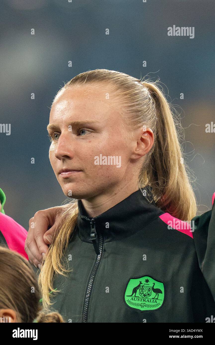Sydney, Australien. April 2025. Sydney, Australien, 4. April 2025: Porträt von Holly McNamara (17 Australien) während des internationalen Freundschaftsspiels zwischen Australien und Korea im Allianz Stadium in Sydney, Australien. (NOE Llamas/SPP) Credit: SPP Sport Press Photo. /Alamy Live News Stockfoto