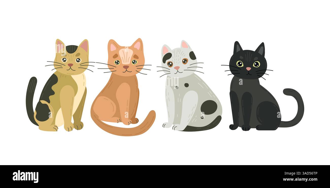Set mit vier sitzenden Katzen in Schwarz, Orange, Braun und weiß, ideal für Illustrationen mit Tiermotiven, Tierposter und gemütliche Wandbilder für Kinder Stock Vektor