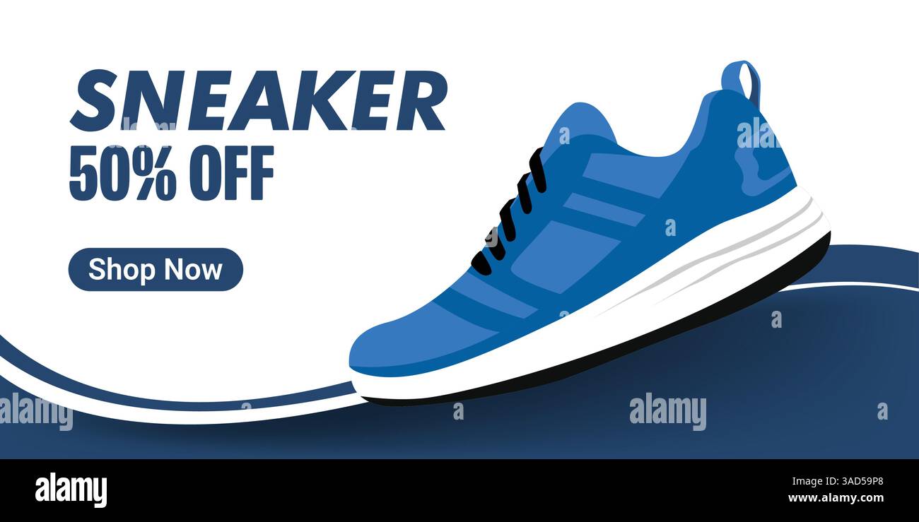 Kreatives Banner für Sneaker-Marke. Turnschuhe mit abstraktem Hintergrund. Verkaufsbanner für Schuhe für Social-Media-Beiträge. Schuh-on-Sale-Schieberegler für E-Commerce Stock Vektor