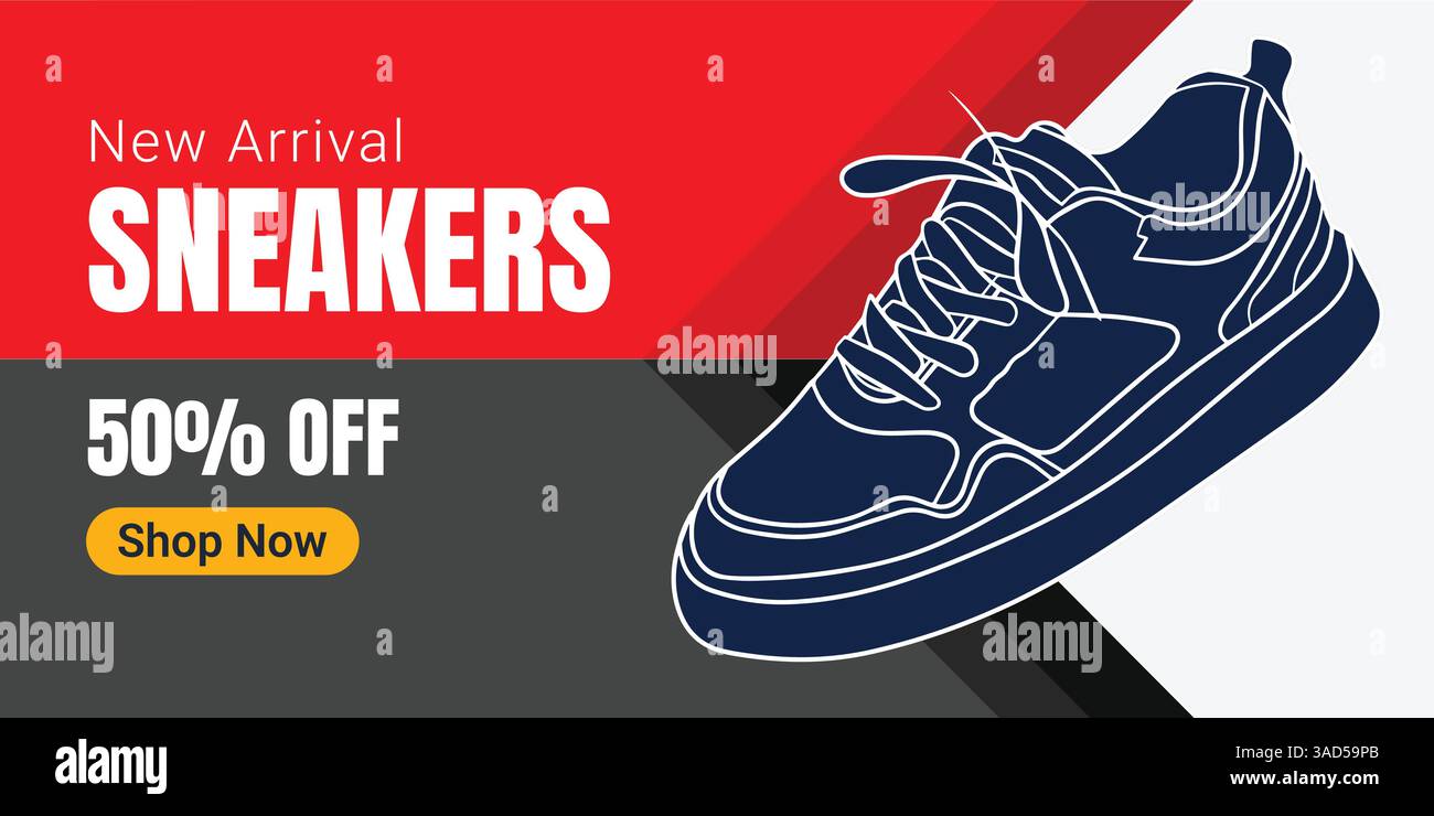 Kreatives Banner für Sneaker-Marke. Turnschuhe mit abstraktem Hintergrund. Verkaufsbanner für Schuhe für Social-Media-Beiträge. Schuh-on-Sale-Schieberegler für E-Commerce Stock Vektor