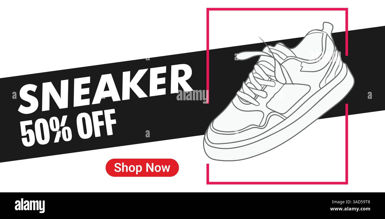 Kreatives Banner für Sneaker-Marke. Turnschuhe mit abstraktem Hintergrund. Verkaufsbanner für Schuhe für Social-Media-Beiträge. Schuh-on-Sale-Schieberegler für E-Commerce Stock Vektor