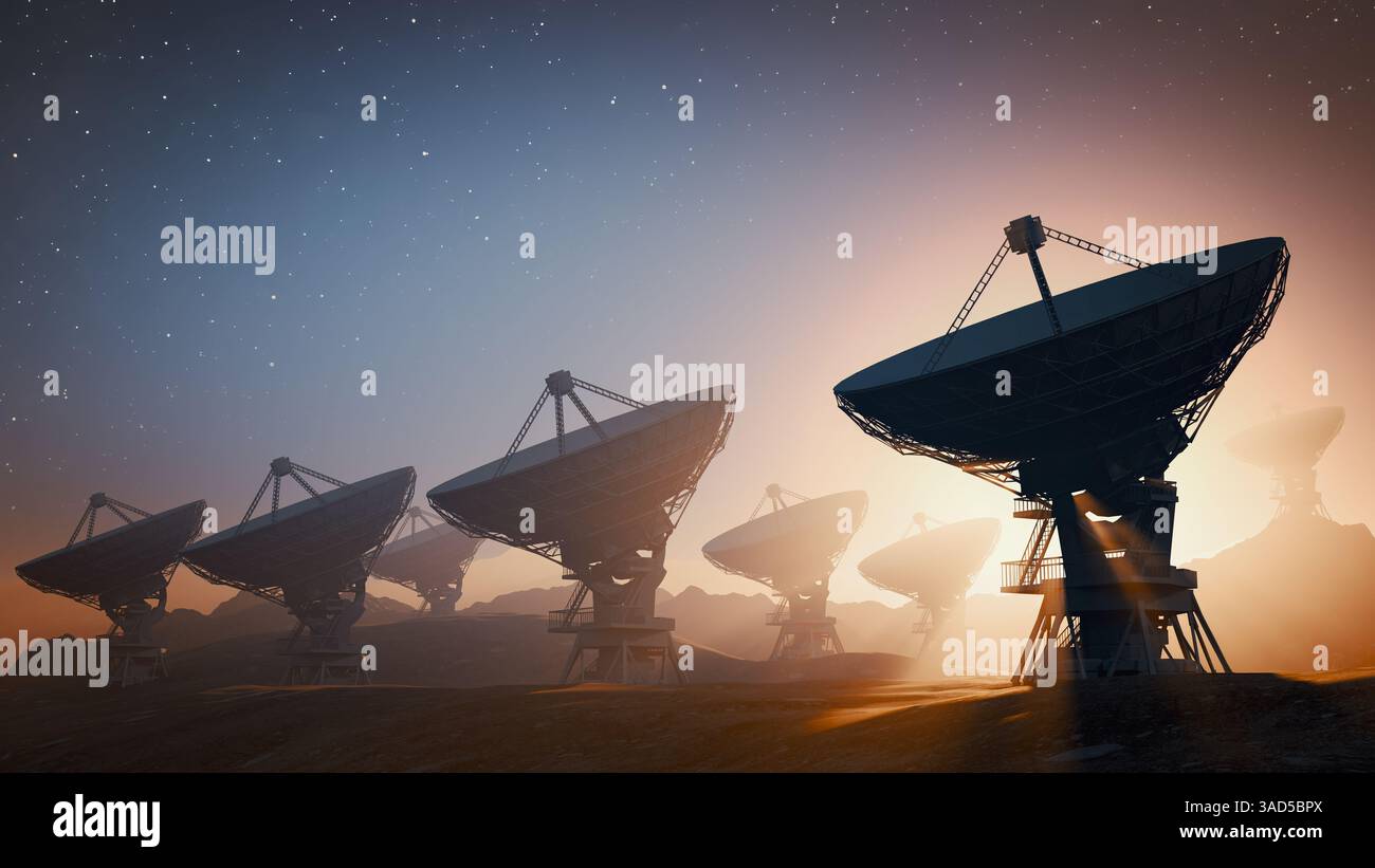 Radioteleskope in der Nacht für wissenschaftliche Forschung und Weltraumbeobachtung. 3D-gerenderte Abbildung. Stockfoto