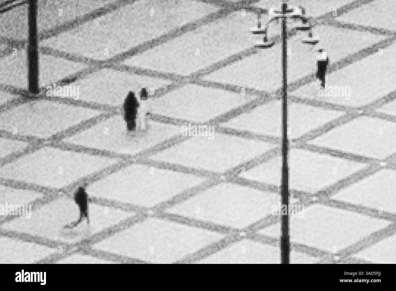 Abstrakte urbane Szene mit Menschen, die im Geometrischen Raum laufen - monochrome Illustration Stockfoto