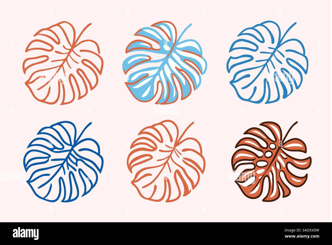 Illustration von fünf Monstera-Pflanzen in verschiedenen Farben auf beigefarbenem Hintergrund. Stock Vektor