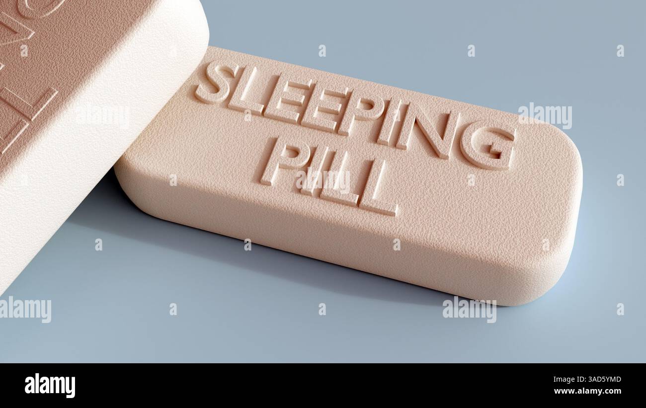 Eine 3D-Darstellung von Langpillen, die auf einer hellblauen Oberfläche verstreut sind. Jede Pille hat die Worte „SCHLAFPILLE“ Stockfoto
