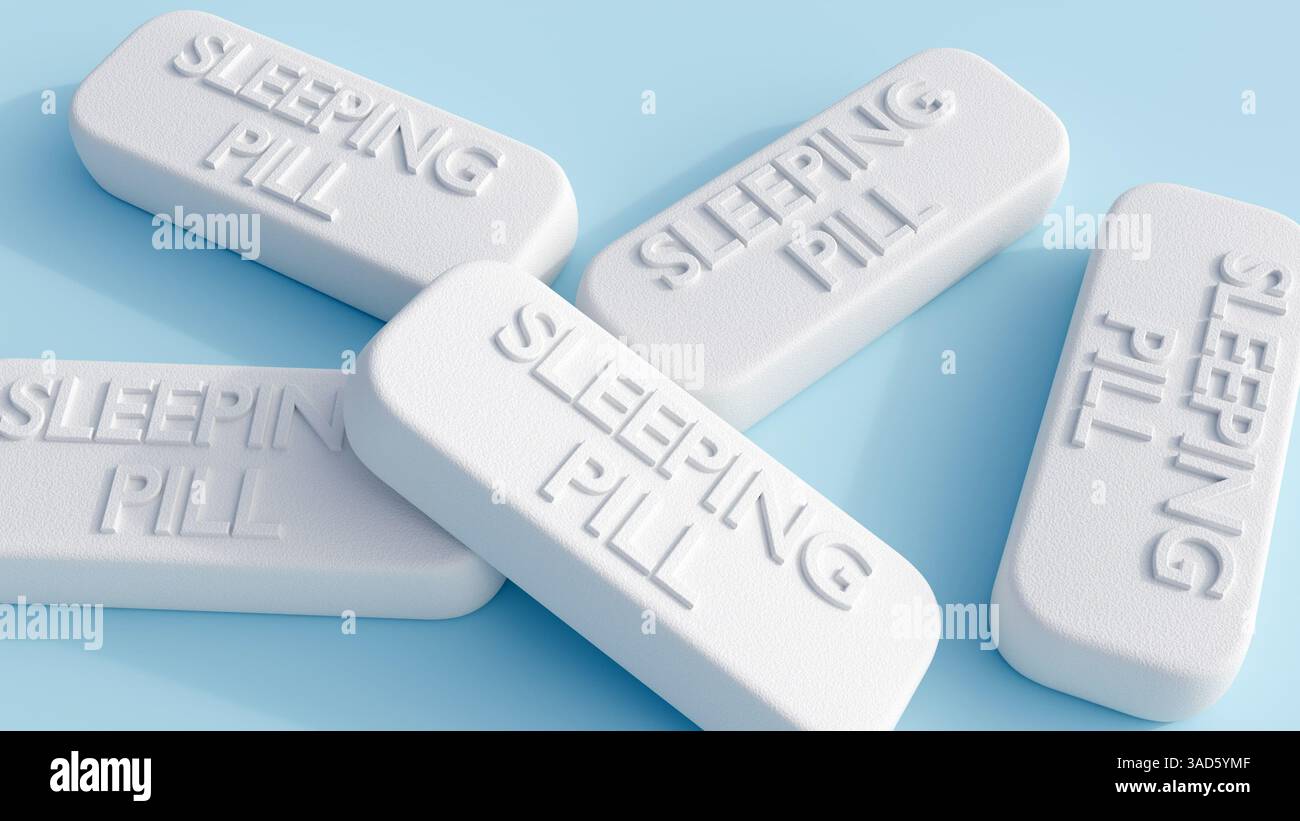 Eine 3D-Darstellung von Langpillen, die auf einer hellblauen Oberfläche verstreut sind. Jede Pille hat die Worte „SCHLAFPILLE“ Stockfoto