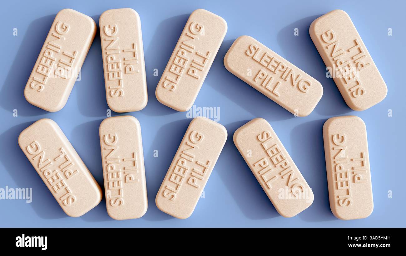 Eine 3D-Darstellung von Langpillen, die auf einer hellblauen Oberfläche verstreut sind. Jede Pille hat die Worte „SCHLAFPILLE“ Stockfoto