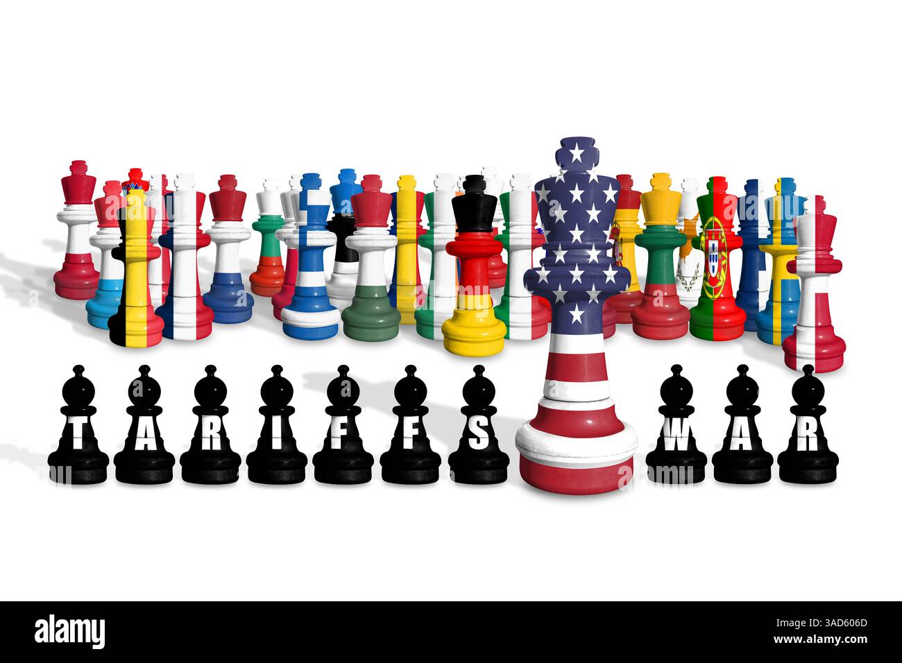 Schach aus EU-Mitgliedern und US-Flaggen. Zölle der Europäischen Union und der USA, Handelskrieg Stockfoto