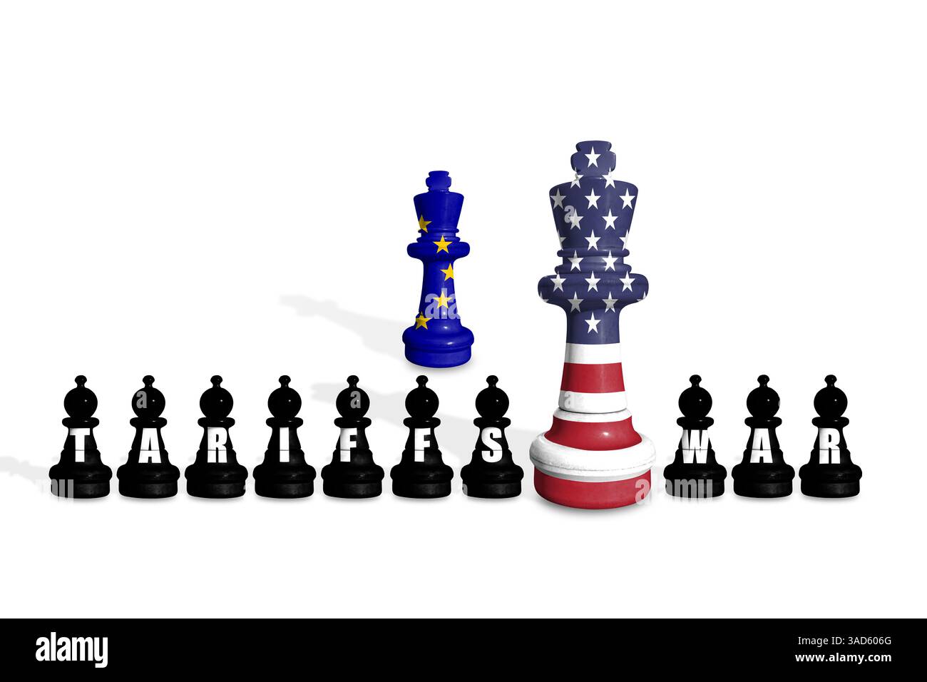 Schach aus EU- und US-Flaggen. Zölle der Europäischen Union und der USA, Handelskrieg Stockfoto