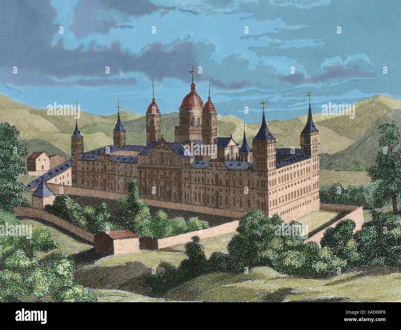 Spanien. Königliches Kloster von San Lorenzo de El Escorial. Sie wurde auf Wunsch von König Philipp II. Errichtet und zwischen 1563 und 1584 im Renaissancestil erbaut. Juan de Herrera (1530–1597) war Direktor der Werke. Panoramablick auf das Äußere. Stich aus dem 19. Jahrhundert. Spätere Färbung. Stockfoto
