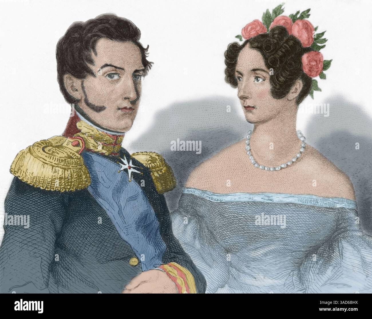 Nikolaus I. von Russland (1796-1855). Zar von Russland, König des Kongresses Polen und Großherzog von Finnland (1825–1855). Nikolaus I. und seine Frau Alexandra Feodorowna (1798–1860). Hochformat. Zeichnung von Vernier. Stich von Lemaitre und Laderer, 1838. Spätere Färbung. Stockfoto