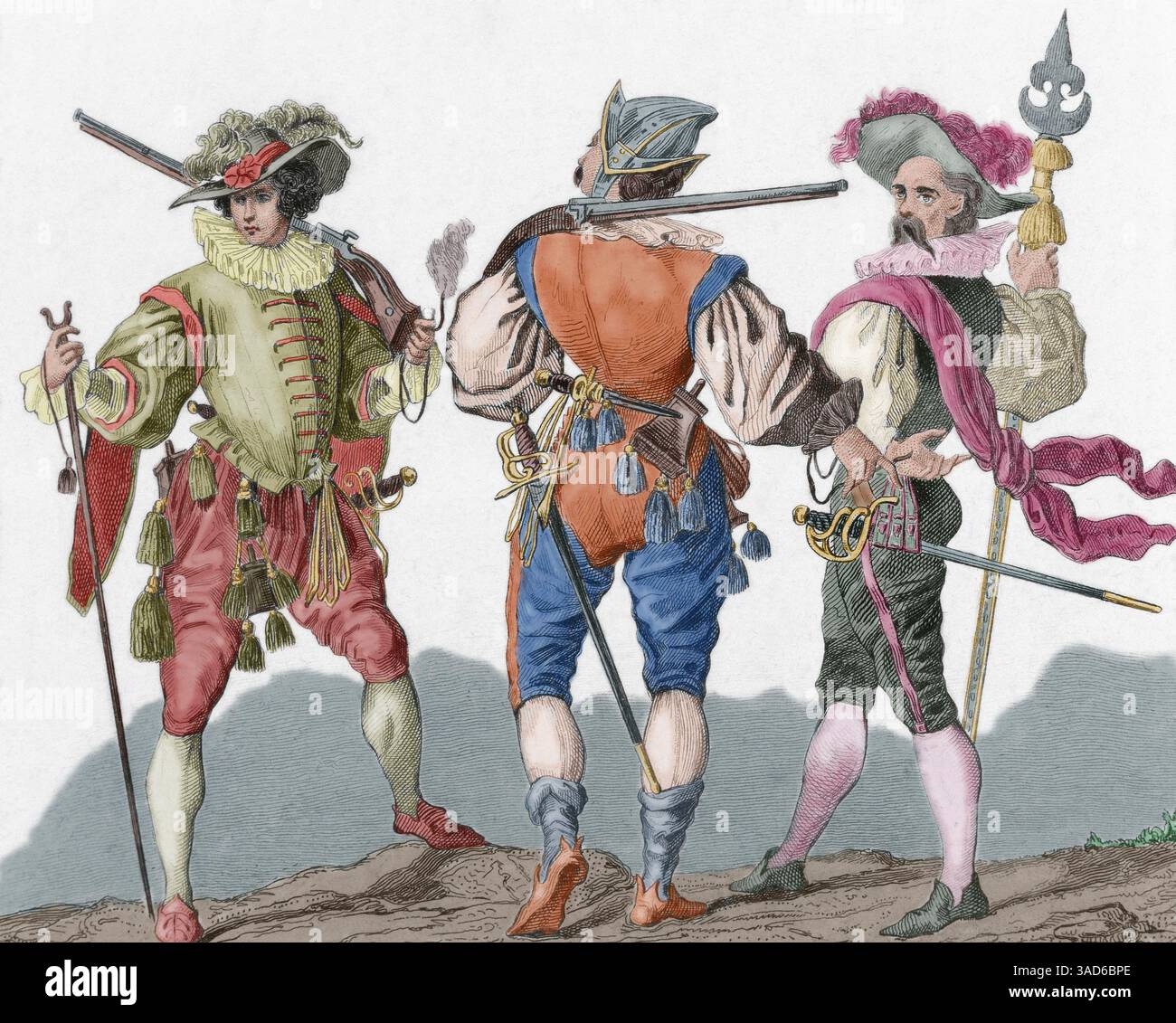 Deutsche Soldaten des 17. Jahrhunderts. Stich von Monnin. Spätere Färbung. Geschichte Deutschlands. Panorama Universal, 1841. Stockfoto