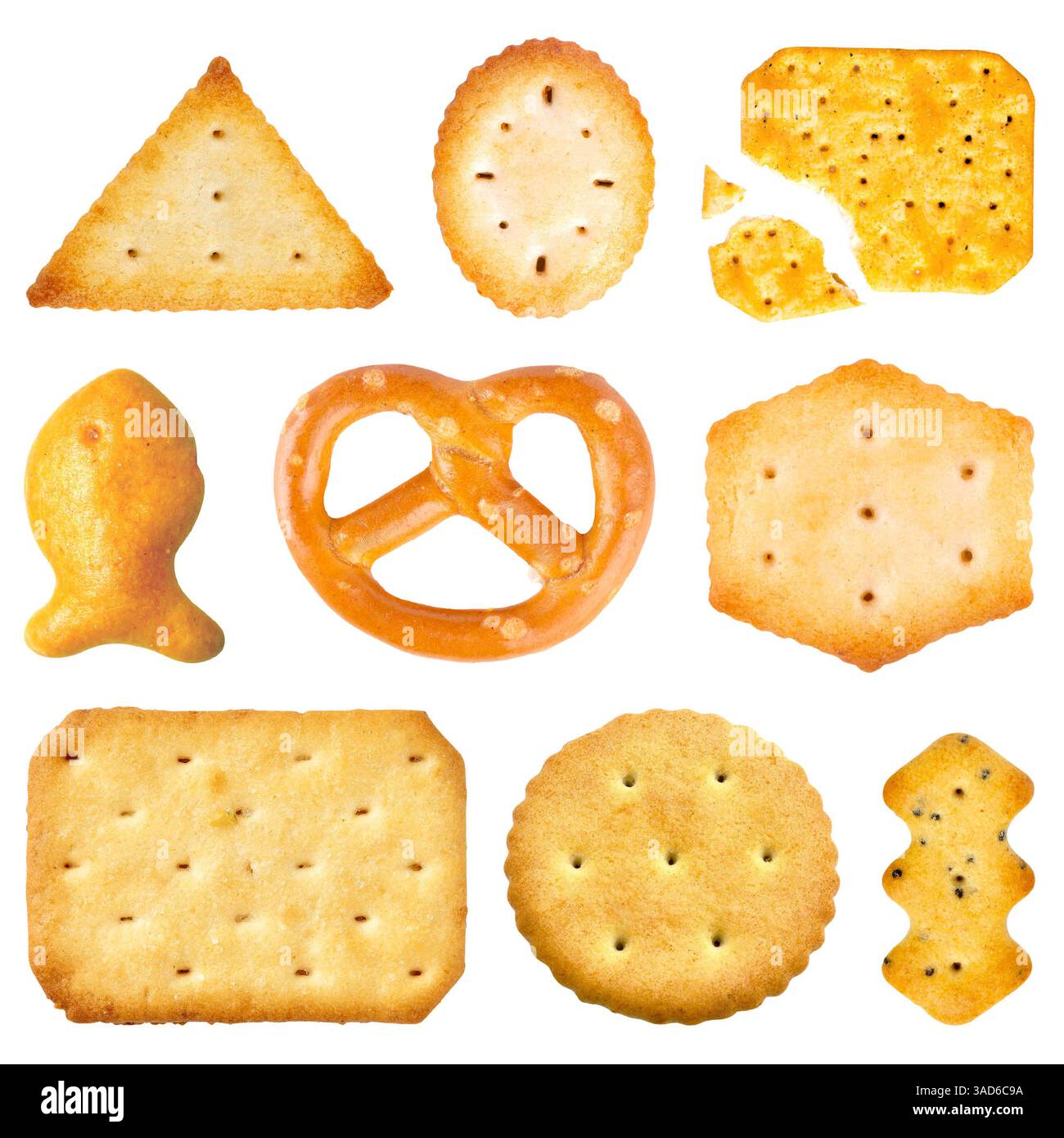 Set aus verschiedenen Cracker-Keksen isoliert auf weißem Hintergrund, Keksausschnitte Sammlung Stockfoto Set aus verschiedenen Cracker-Keksen isoliert auf weißem Hintergrund, Keksausschnitte Sammlung Stockfoto