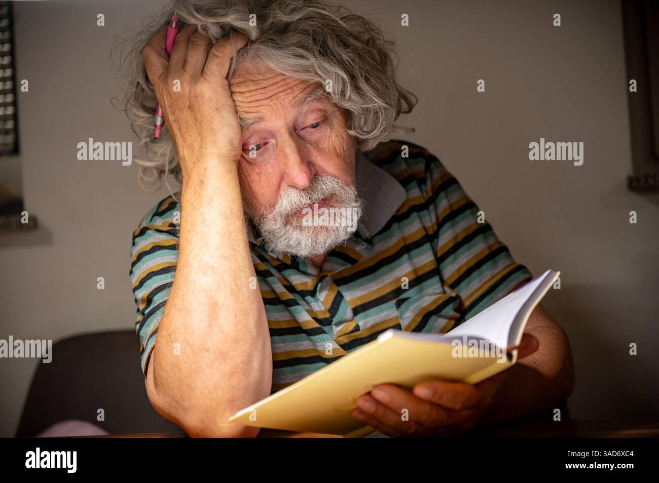 Ein älterer Mann mit lockigen grauen Haaren und einem gestreiften Hemd sieht konzentriert und müde aus, als er ein Notizbuch liest, einen Stift im Haar hält und seinen Kopf auflegt Stockfoto