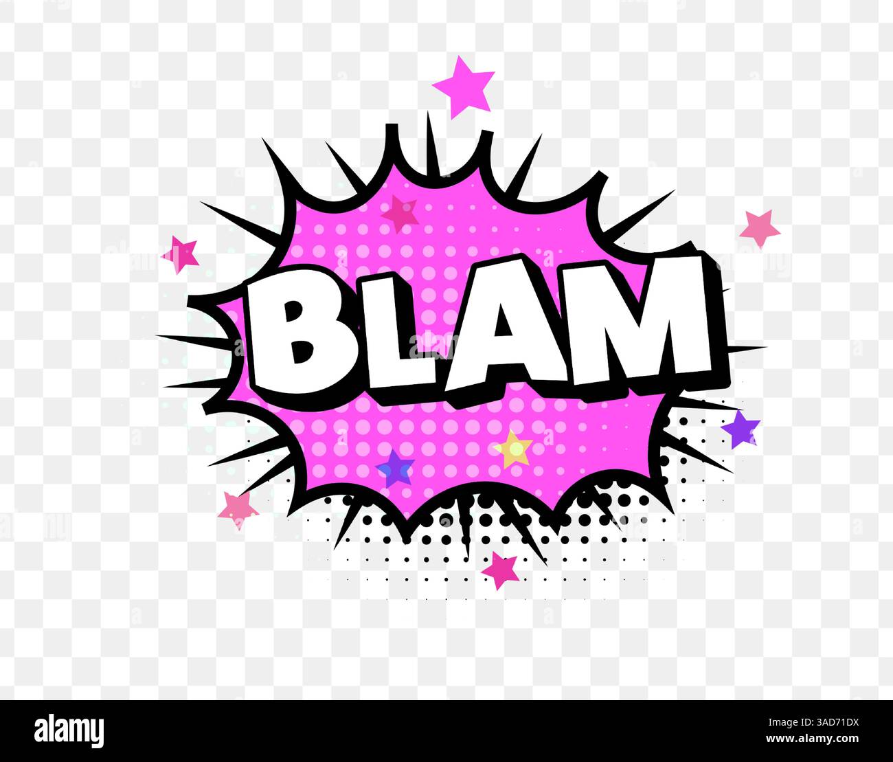 Blam Text im Comic-Stil in Pink Burst mit Sternen und Halbtonpunkten, perfekt für Pop-Art-Poster, Superhelden-Soundeffekte und lustige Reaktionen. Fett Stock Vektor