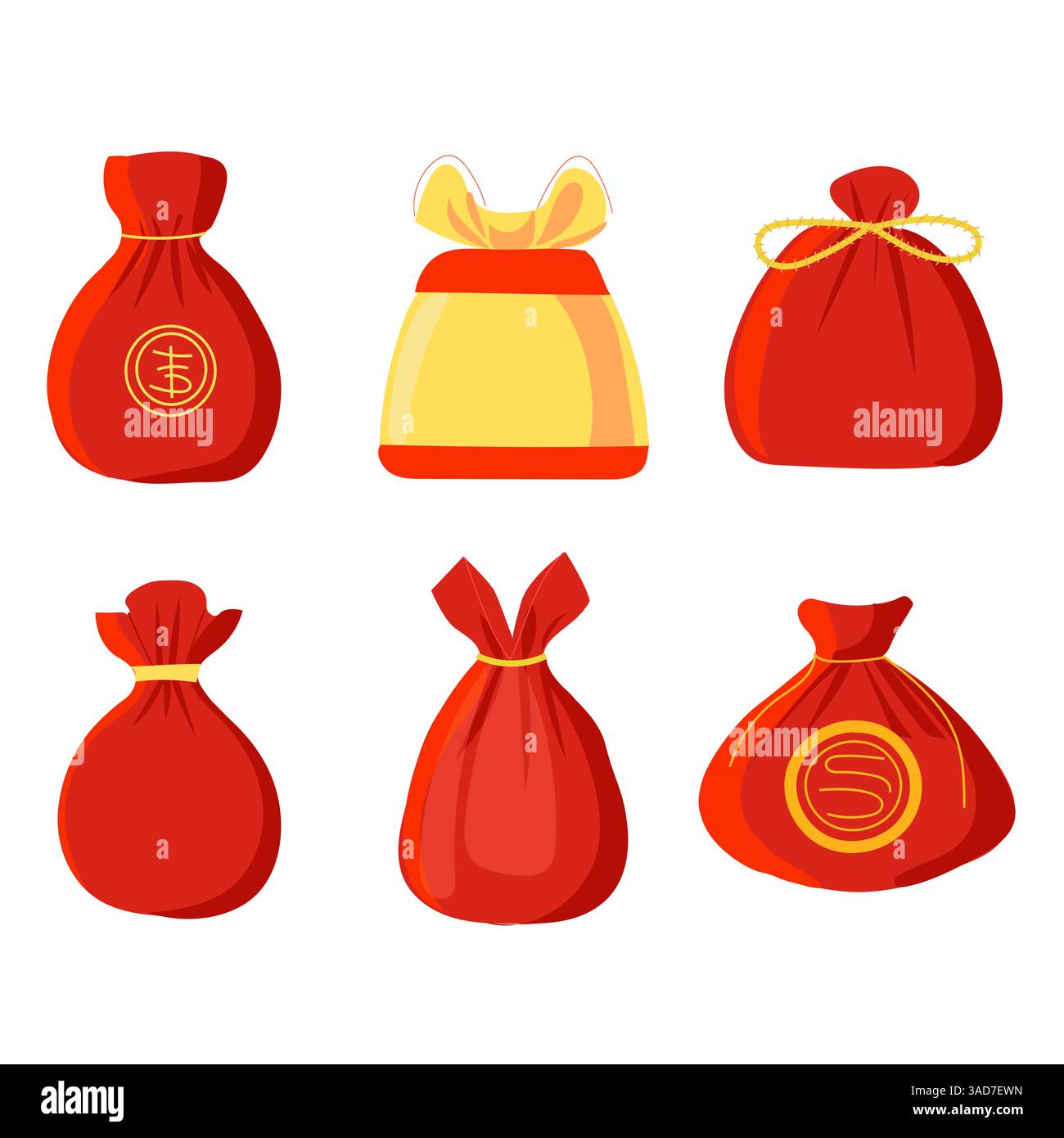 Set von chinesischen Glücksbeuteln isolierte Vektor flache goldene und rote Illustration Stock Vektor