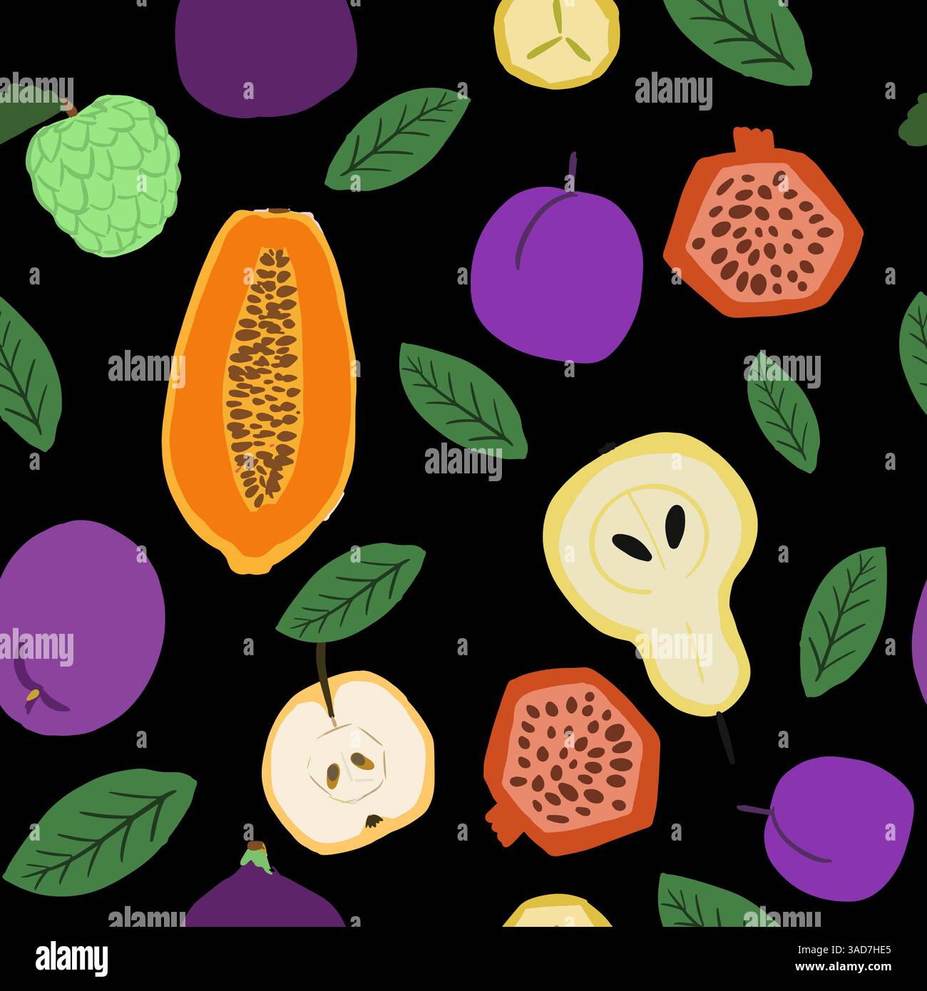 Nahtlose Früchte. Vektor Cartoon Flat Set. Birne, Pflaume Granatapfel, Papaya Stock Vektor