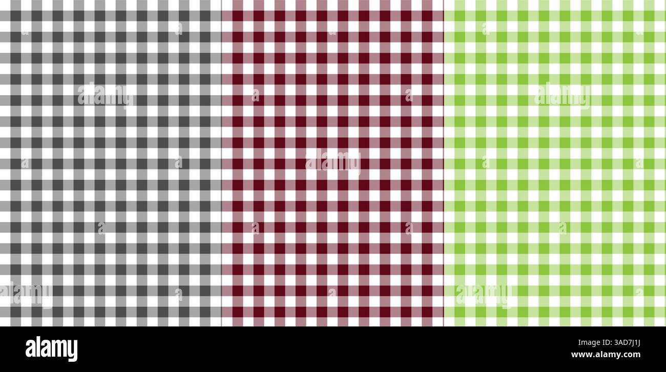 Set aus Gingham-Mustern in Grün, Grau und Bordo-Farben Stock Vektor