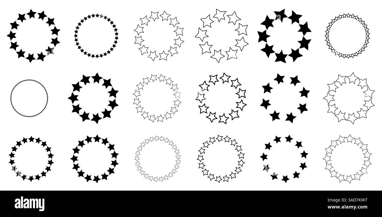 Sterne im Kreis. Runder Rahmen, Rahmen. Schwarze Sternform, einfaches Symbol. Vektor Stock Vektor