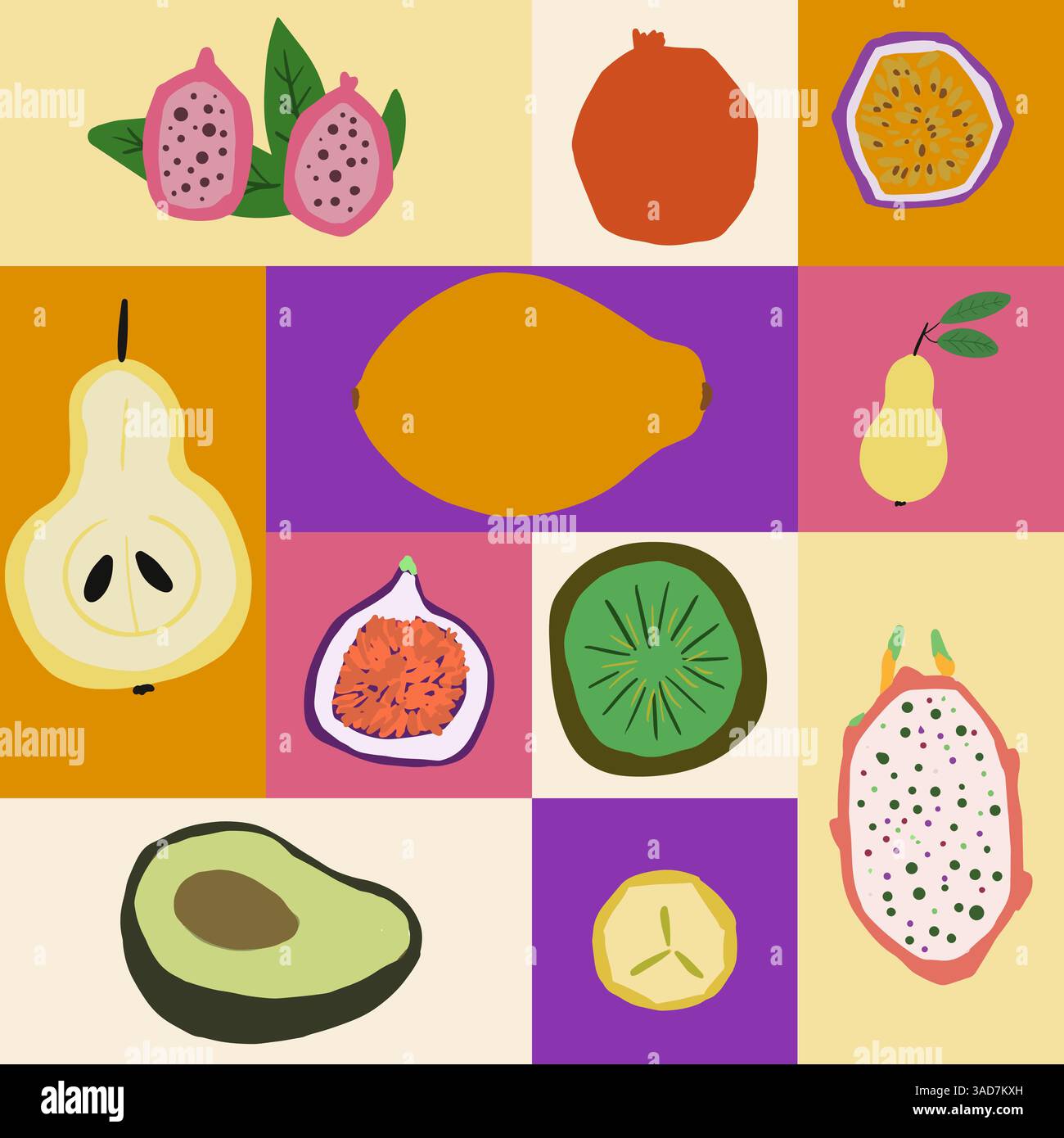 Poster, Flyer-Design mit hellen Farben mit Früchten, flaches Design. Sommer, Herbst, Ernte Stock Vektor