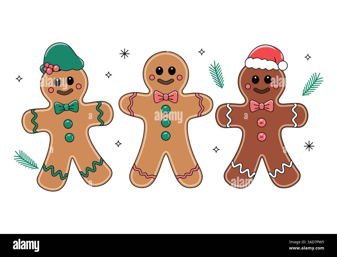 Weihnachtssymbole für Lebkuchenmänner. Weihnachtssymbole im flachen Design mit farbenfrohen Illustrationen im Cartoon-Stil. Perfekt für festliche Feierlichkeiten im dezember Stock Vektor