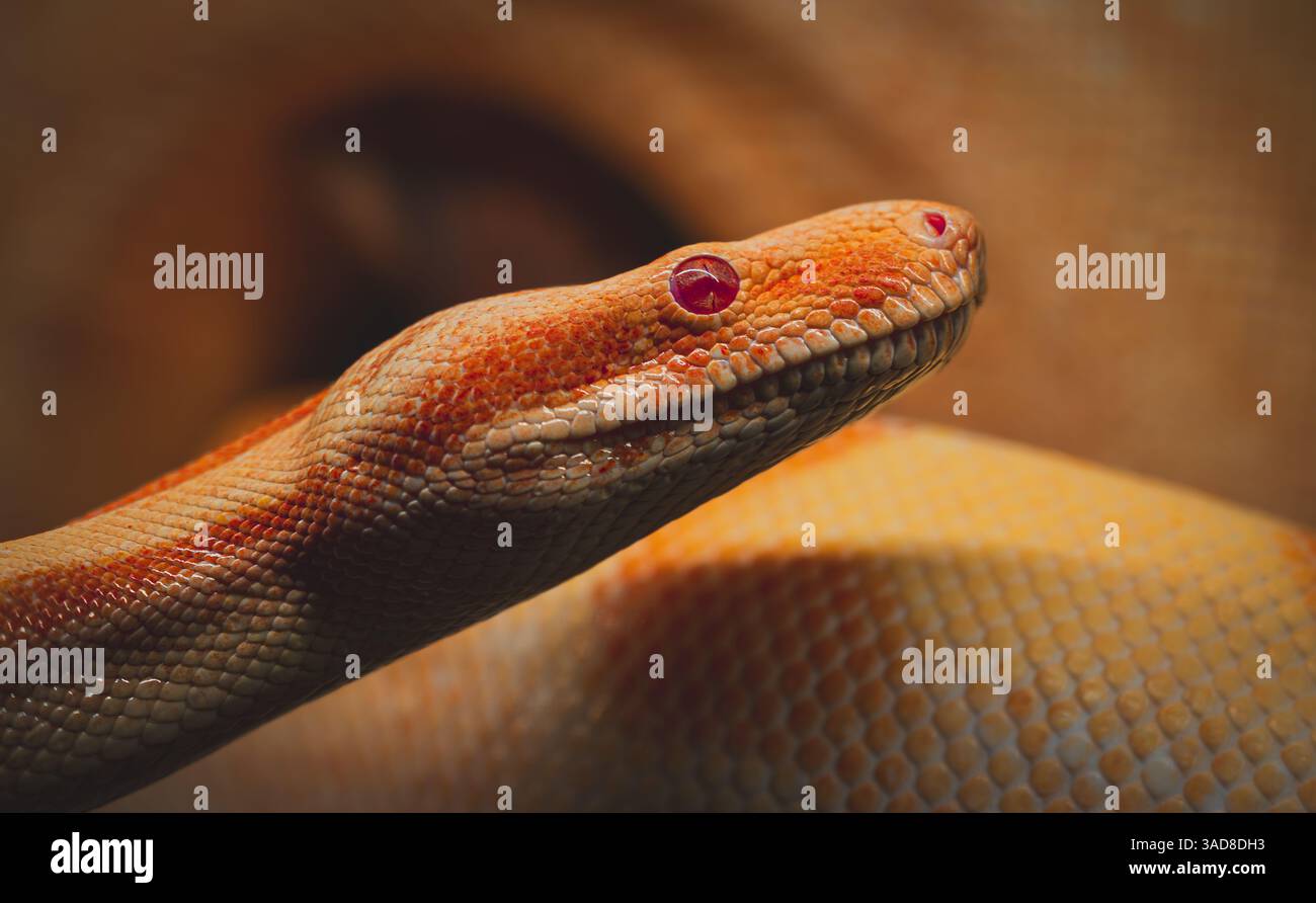 Nahaufnahme von Albino-Python mit rosa Augen und glatter, blasser Haut in warmgetöntem Gehege Stockfoto