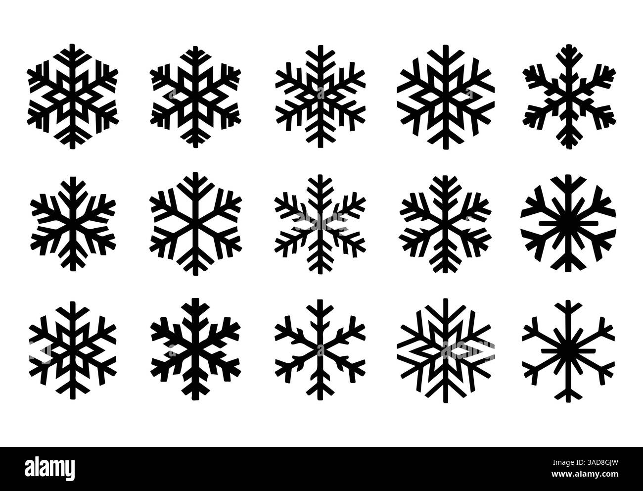 Schneeflocken-Symbolsatz. Vektor-Schneeflocken-Symbole für Wintermotive. Perfekt für saisonale Designs, Weihnachtsdekorationen und festliche Branding. Stock Vektor