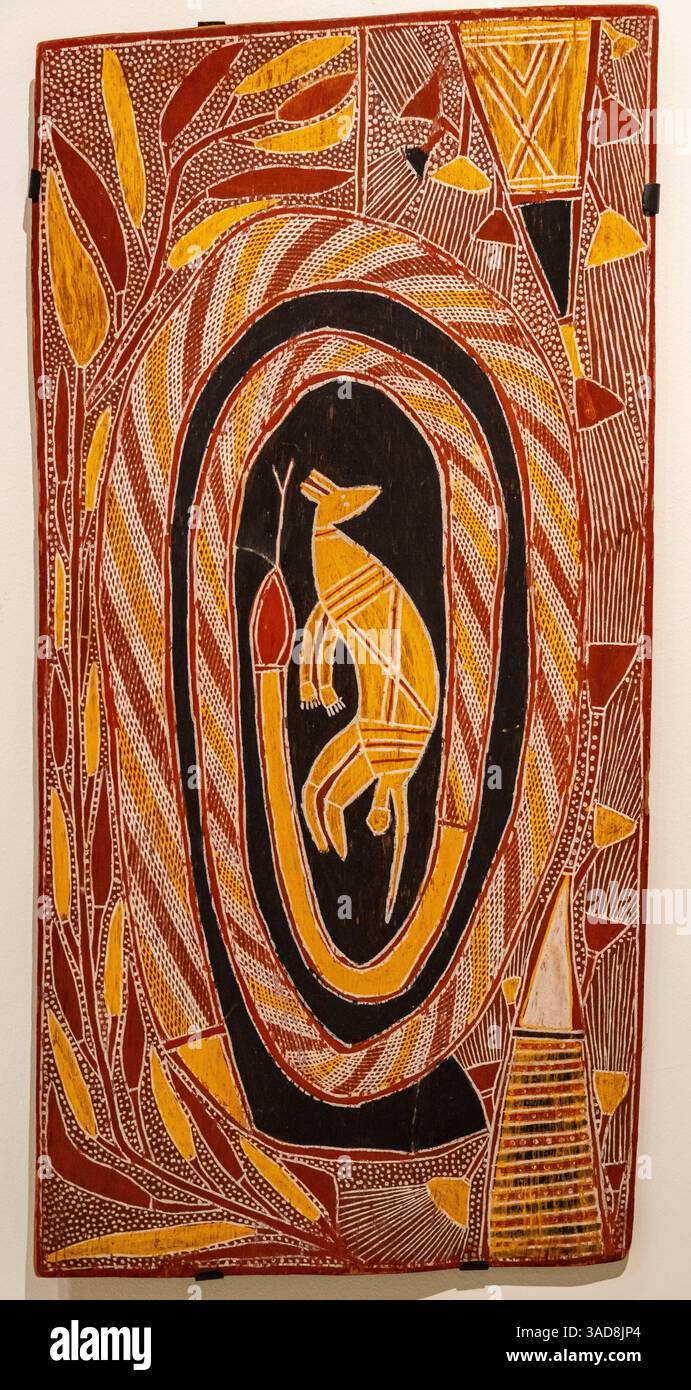 Die Witij Snake and Rock Wallaby, Galwanuk Clan, Duwa Moiety, Oempelli, West Arnhem Land, Northern Territory, Australien 1960, Gemälde auf Eukalyptus b Stockfoto