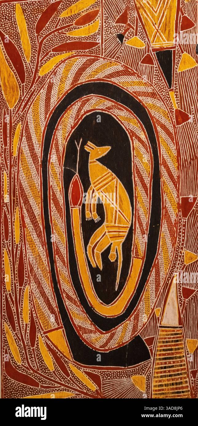 Die Witij Snake and Rock Wallaby, Galwanuk Clan, Duwa Moiety, Oempelli, West Arnhem Land, Northern Territory, Australien 1960, Gemälde auf Eukalyptus b Stockfoto