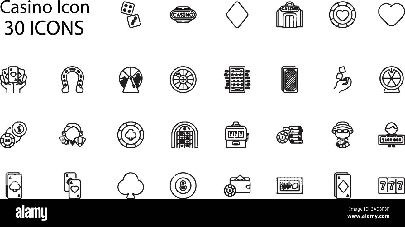 Set von Casino-Symbolen. Icons im Linienstil. Vektorabbildung Stock Vektor