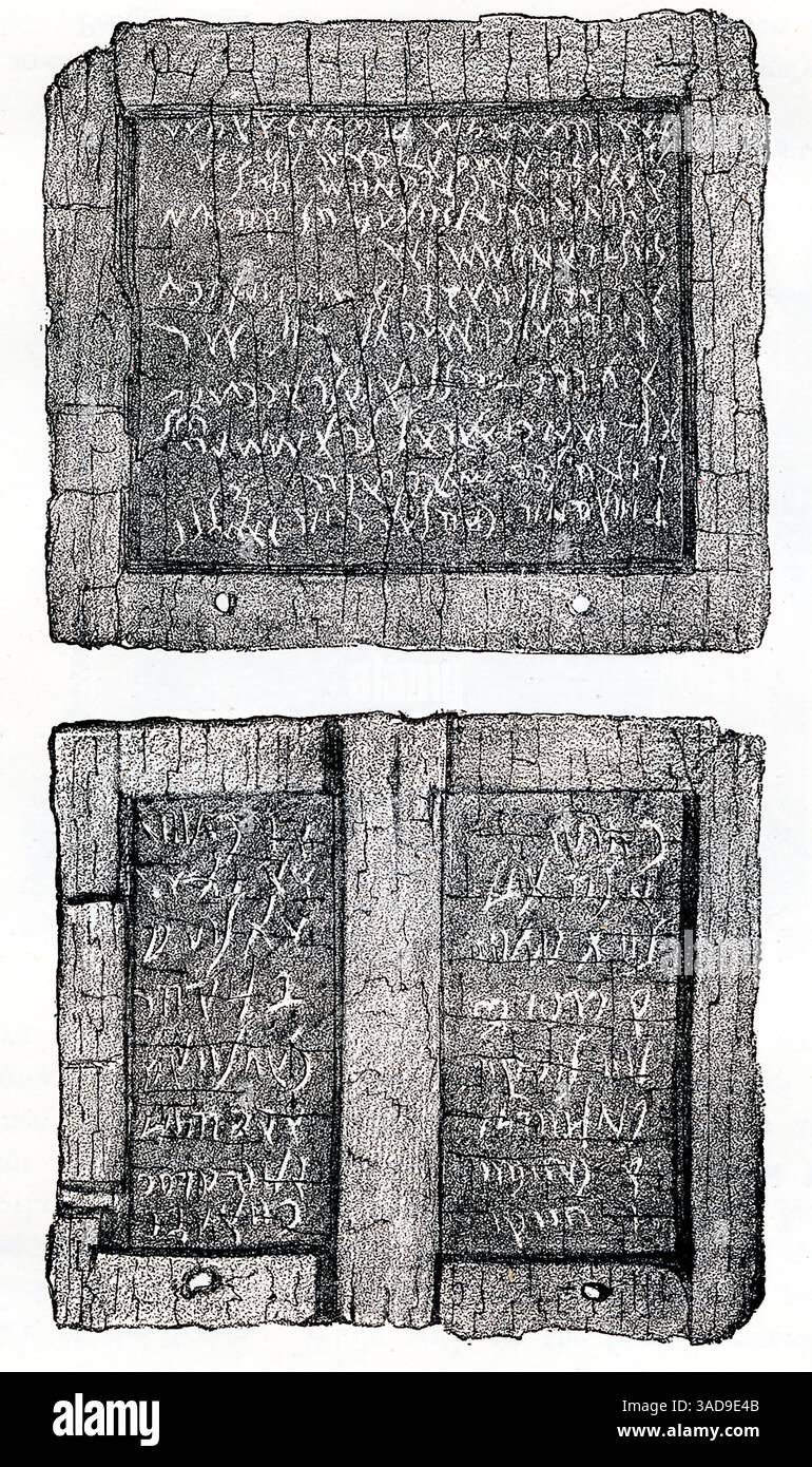 Dieses Bild aus den 1880er Jahren zeigt die Wachstabletten des Bankiers Lucius Caecilius Lucundus, die in seinem Haus entdeckt wurden. Sie bieten wertvolle Einblicke in die Wirtschaft Pompeji, einschließlich Einnahmen für Auktionen, Geldkredite und staatsbürgerliche Mieten – ein Einblick in die täglichen Finanztransaktionen der damaligen Zeit. Pompeji war eine blühende römische Stadt in der Nähe von Neapel, die durch den Ausbruch des Vesuvs im Jahr 79 n. Chr. zerstört und erhalten wurde. Stockfoto