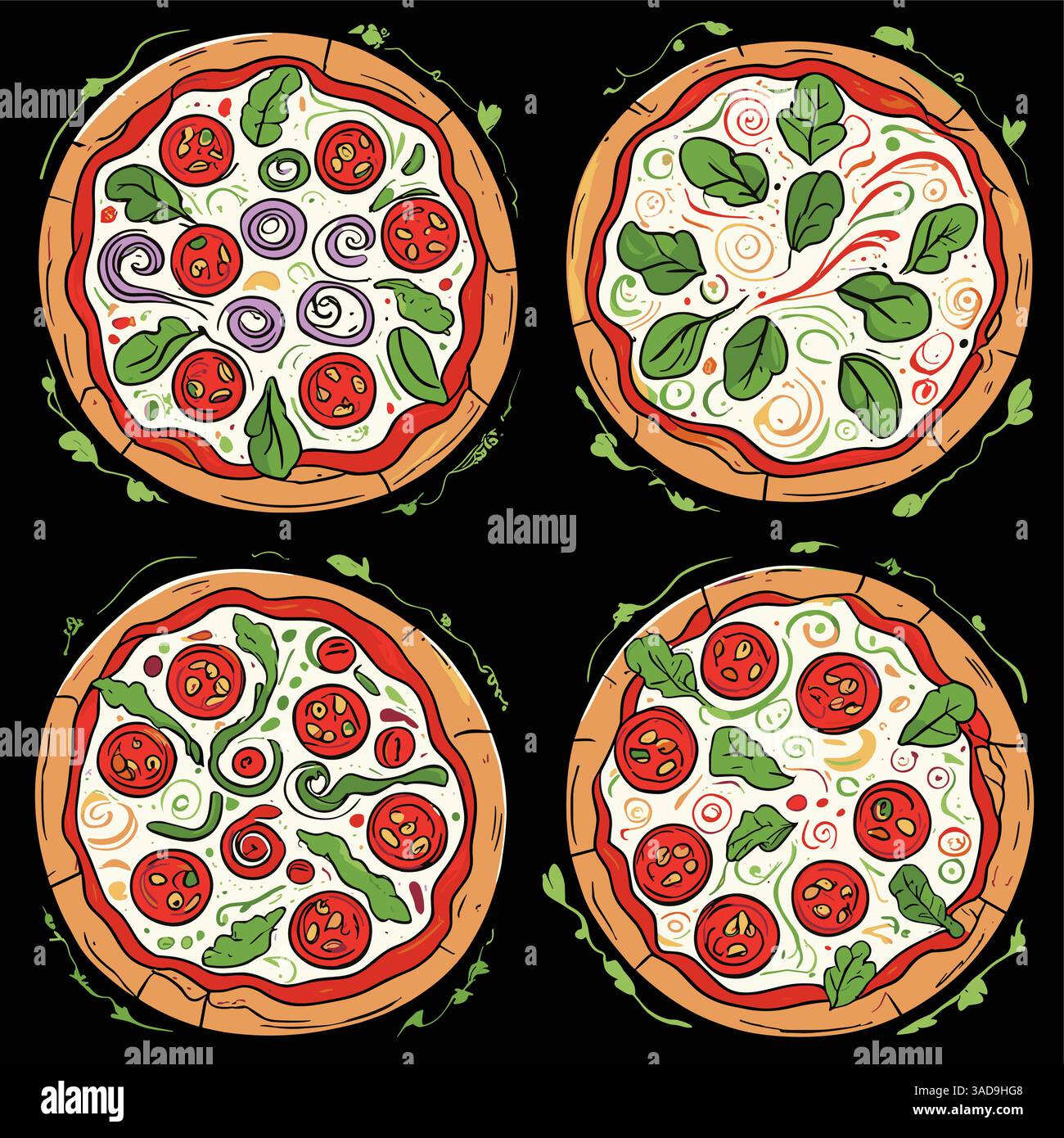 Eine bunte Illustration von vier verschiedenen Pizza-Designs auf schwarzem Hintergrund. Jede Pizza enthält verschiedene Beläge wie Tomaten, Zwiebeln und Gemüse, Stock Vektor