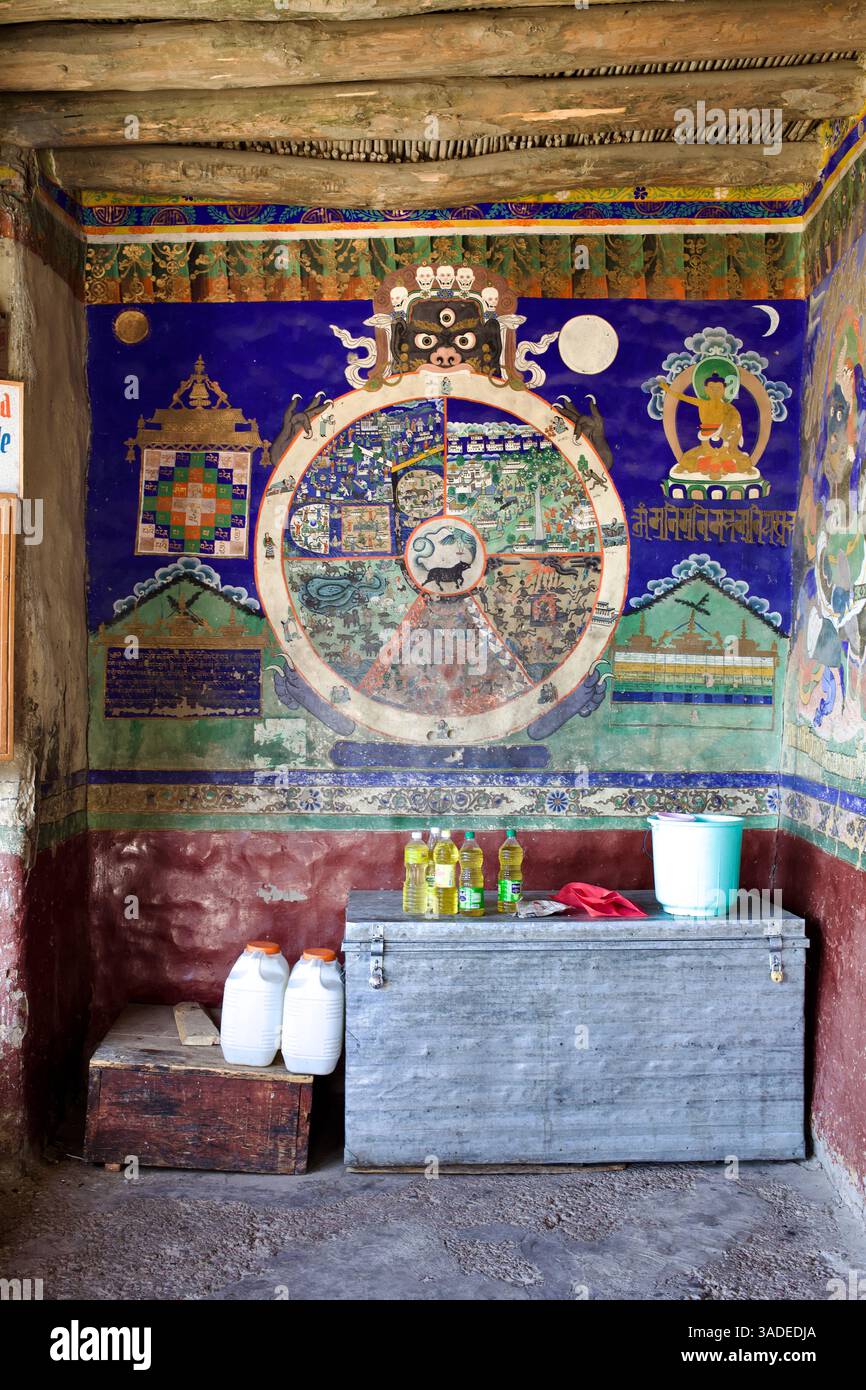 Das Wandbild des Lebensrads im Vorraum des Thiksey Monastery in Ladakh veranschaulicht die zyklische Existenz und den Weg zur Befreiung. Stockfoto