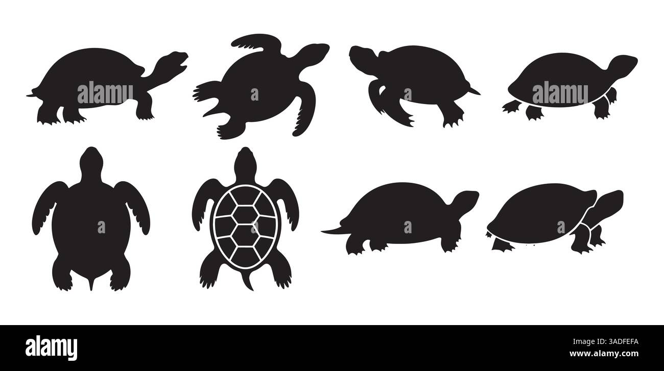 Set von handgezeichneten Silhouetten der schwimmenden Schildkröte auf weißem Hintergrund. Vektorillustrationen von Meeres- und Unterwassertieren, perfekt für Meeresmotive Stock Vektor
