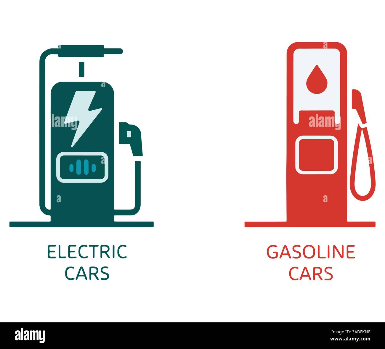 Symbole für Elektrofahrzeuge und Benzinfahrzeuge. Flache Vektorgrafik, die saubere Energie im Vergleich zu fossilen Brennstoffen zeigt. Modernes Design, das die Zukunft des Verkehrs symbolisiert. Stock Vektor
