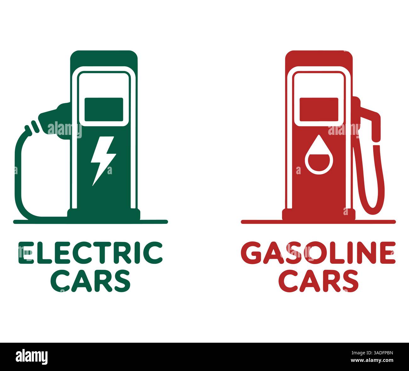 Symbole für Elektrofahrzeuge und Benzinfahrzeuge. Flache Vektorgrafik, die saubere Energie im Vergleich zu fossilen Brennstoffen zeigt. Modernes Design, das die Zukunft des Verkehrs symbolisiert. Stock Vektor