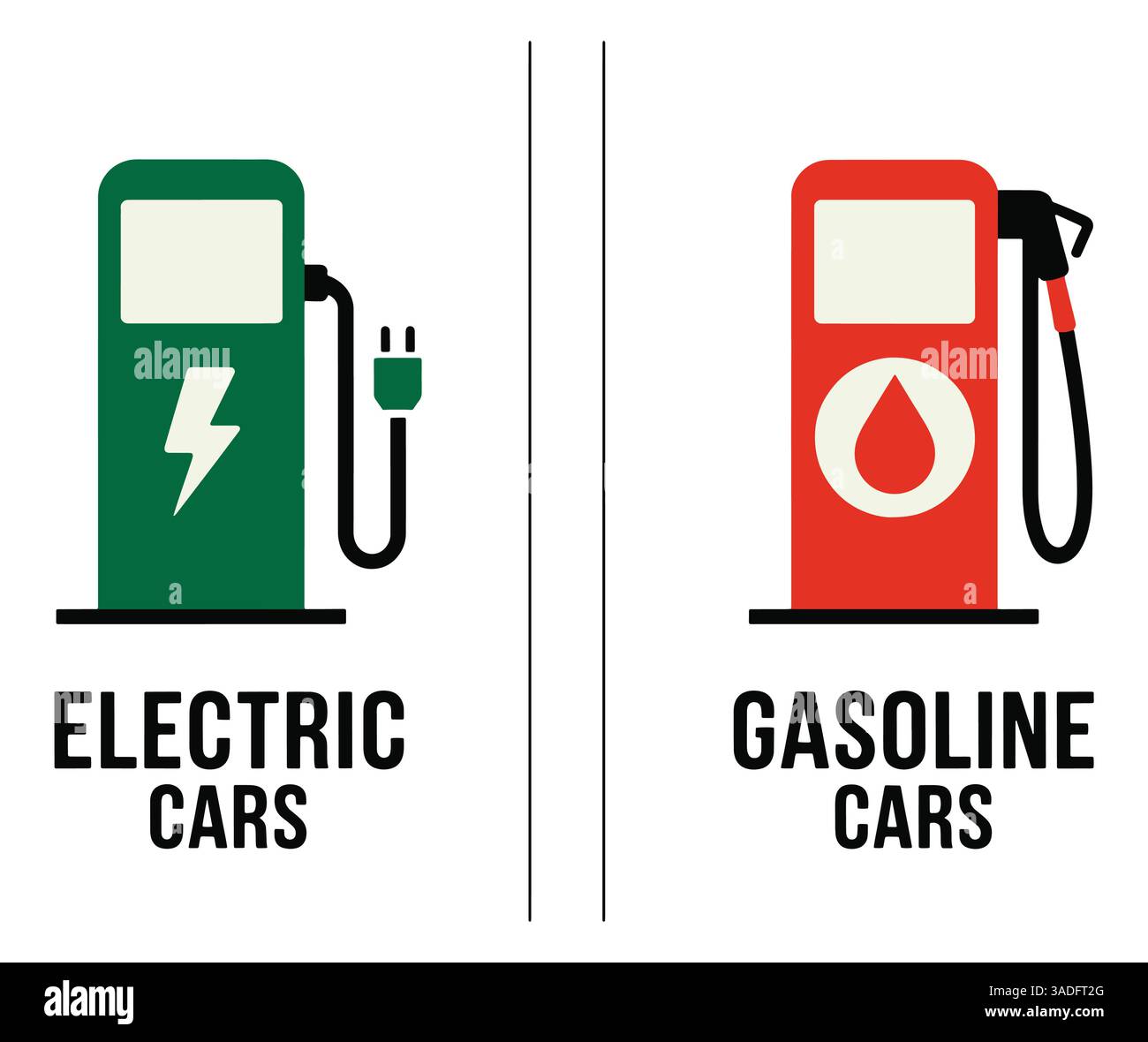 Symbole für Elektrofahrzeuge und Benzinfahrzeuge. Flache Vektorgrafik, die saubere Energie im Vergleich zu fossilen Brennstoffen zeigt. Modernes Design, das die Zukunft des Verkehrs symbolisiert. Stock Vektor