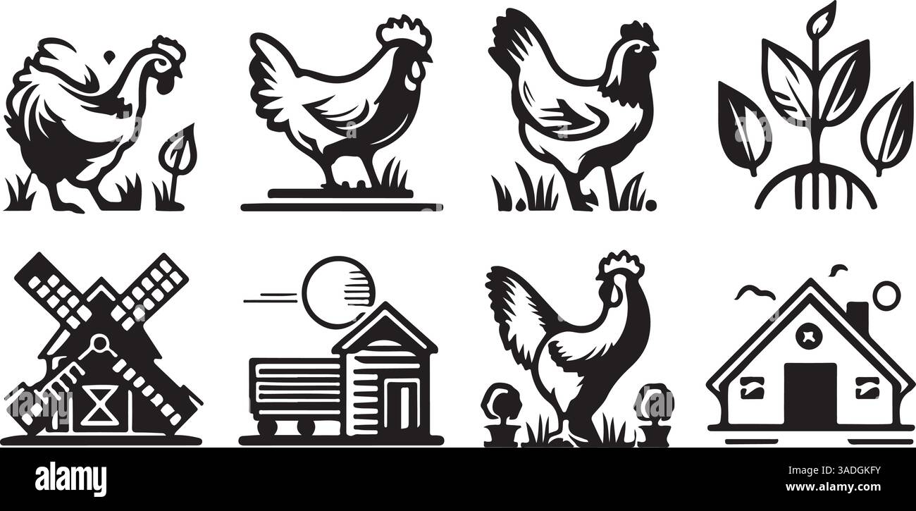 Vektor Monochrom Line Art Symbolsatz für Landwirtschaft Stock Vektor