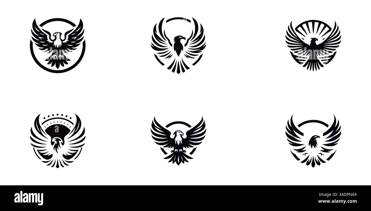 Leistungsstarkes Eagle Design Set. Schwarz-weiß-Adler. Clean Eagle Illustrationsset. Flügel der Freiheit. Stock Vektor