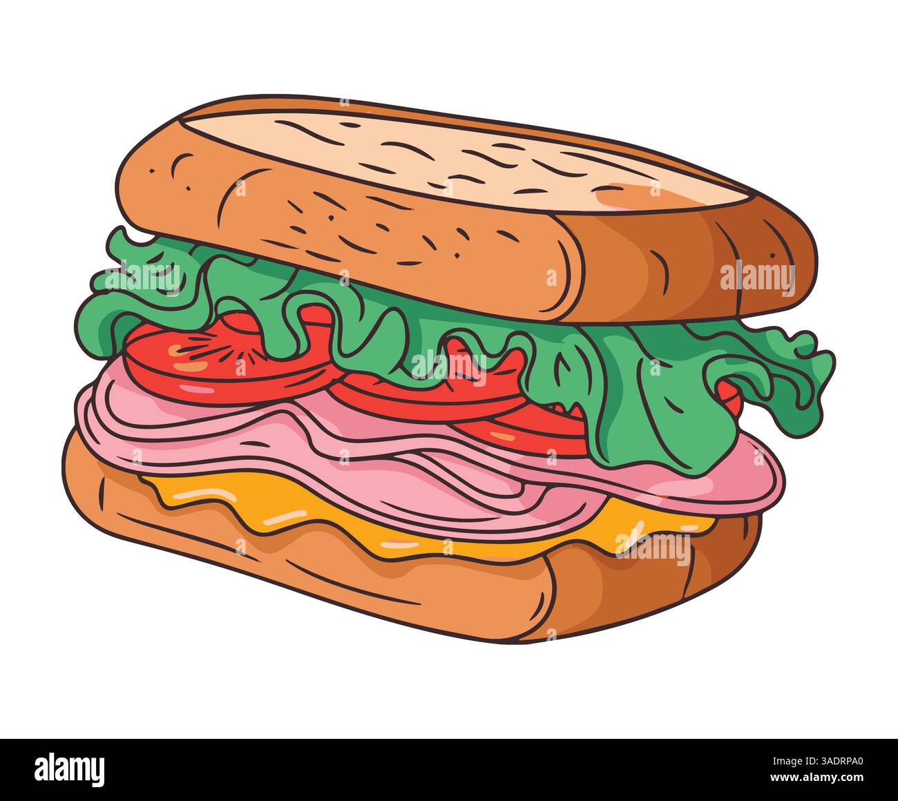 Toast-Sandwich im Cartoon-Stil mit Wurst, Schinken, Käse, Tomaten und Gemüse. Köstliche Vektor-Illustration, ideal für Lebensmittelaufkleber und kulinarische d Stock Vektor