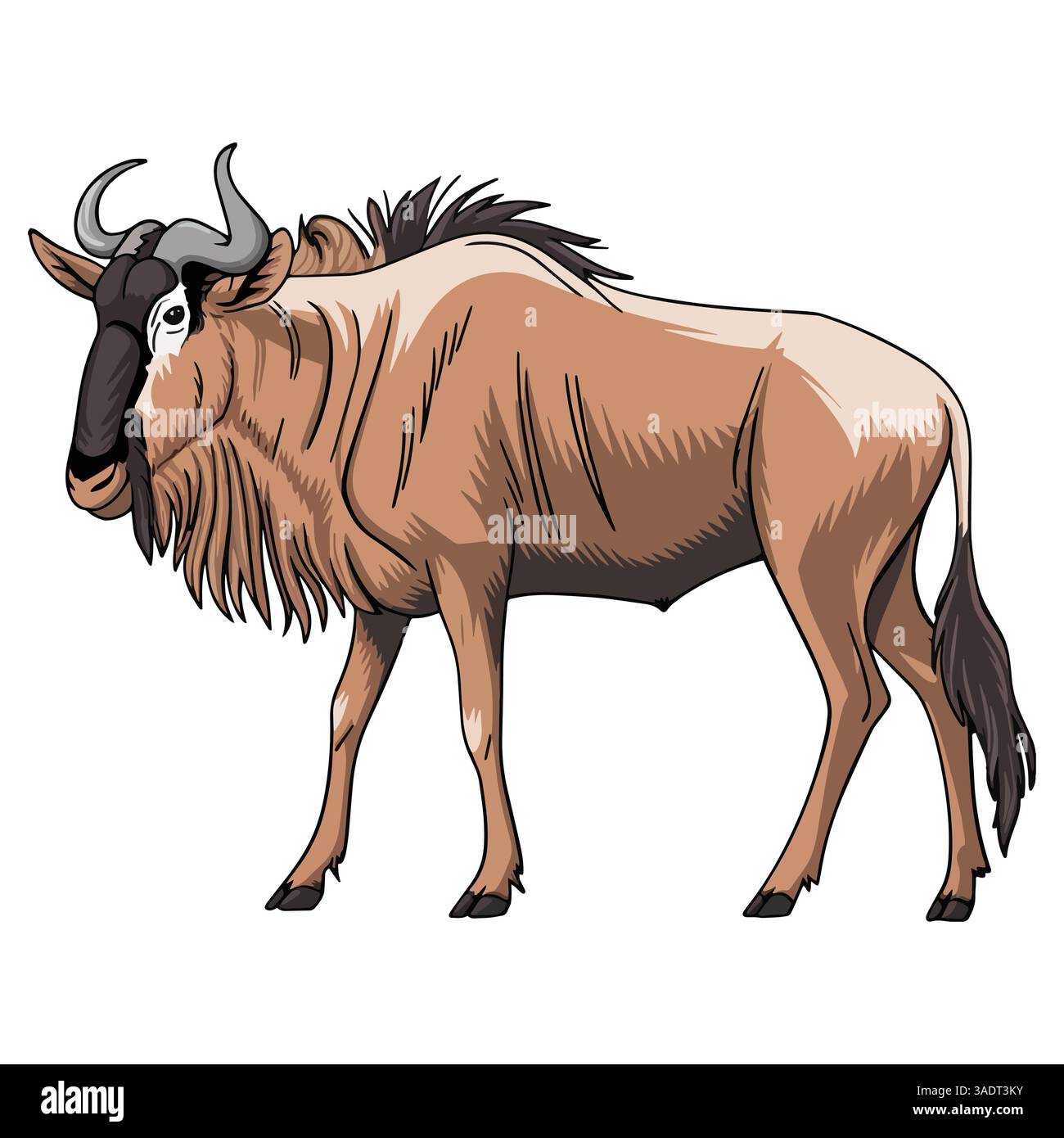Gnus-Illustration, Zeichentrickfigur im flachen Stil. Gnus-Design, isoliert auf weißem Hintergrund. Ideal für Tierkonzepte, Bildungseinrichtungen Stock Vektor