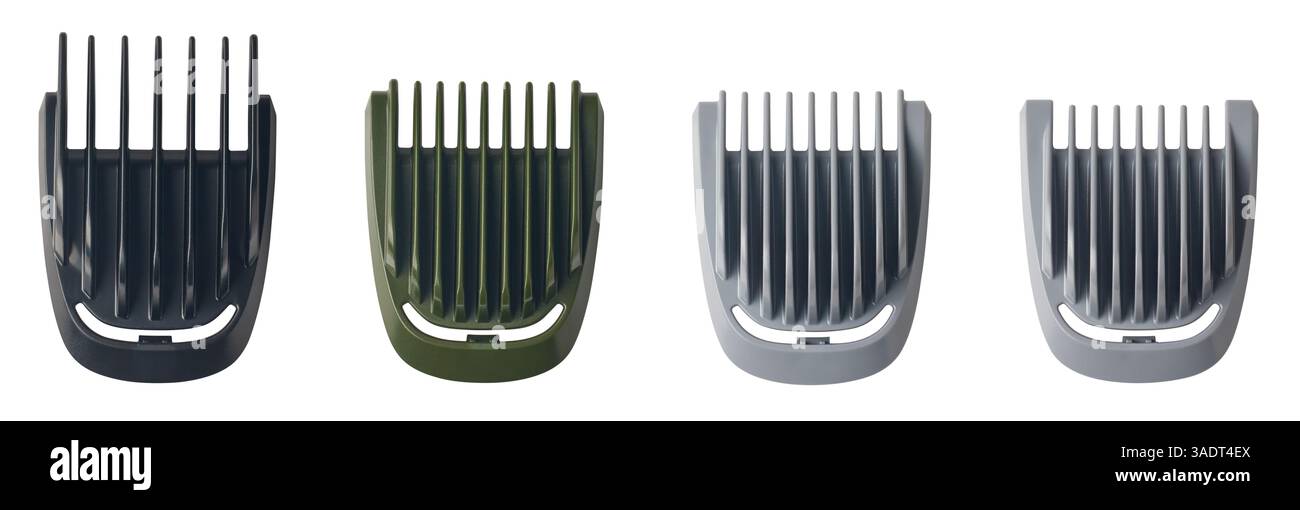 Set aus Kammaufsätzen für Haarschneider mit fester Länge, Führungskämmen oder Schutzvorrichtungen isolierter weißer Hintergrund, verschiedenen Größen von Haarschneideraufsätzen oder Haarschneidestücken Stockfoto
