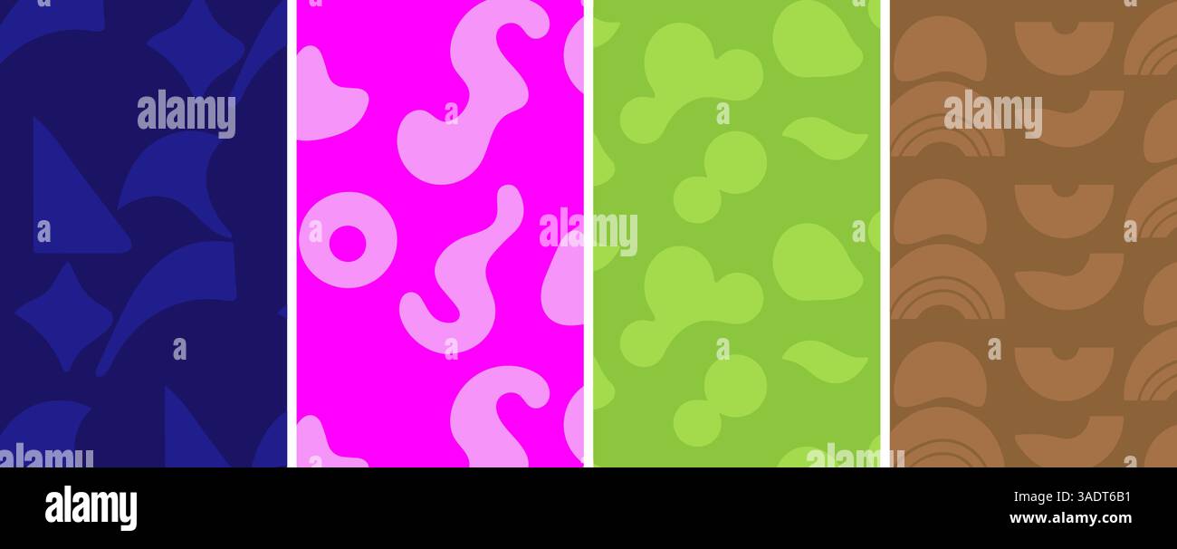 Lebendige abstrakte Muster in trendigen künstlerischen Kreationen in Blau Rosa Grün Braun. Stock Vektor