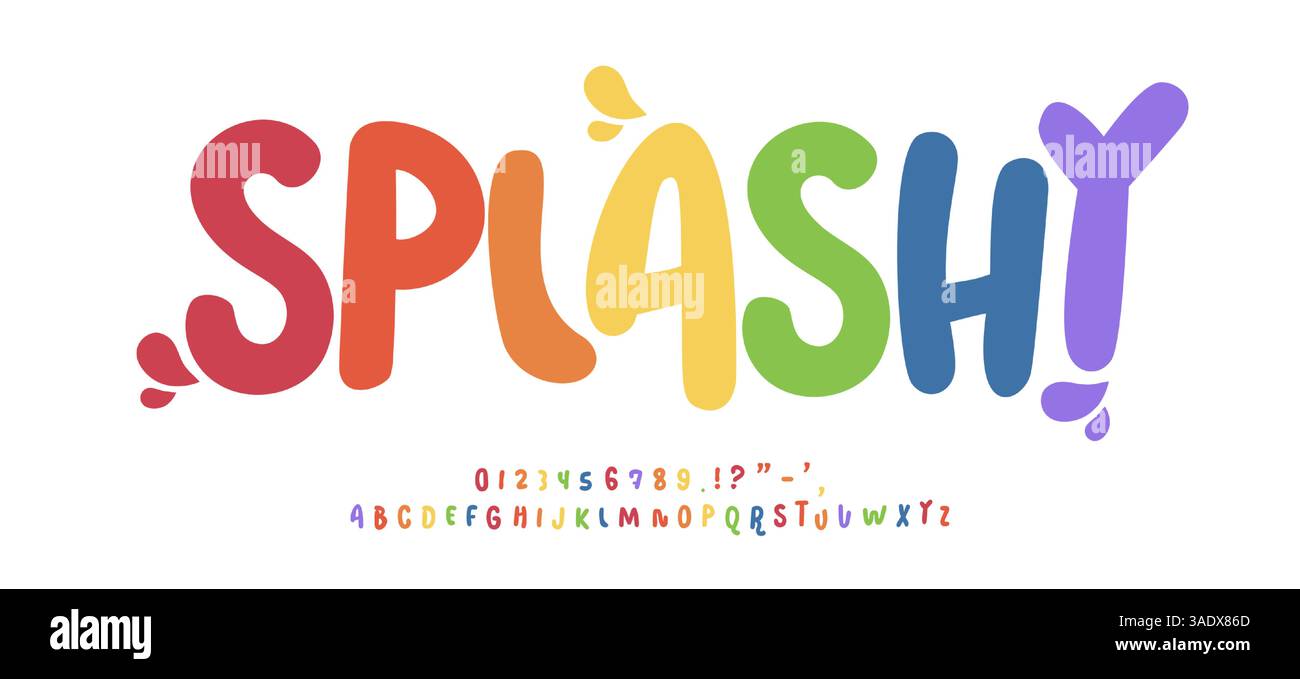 Farbenfrohe, spritzige Schriftart mit lustigem, fetten Buchstaben. Verspieltes Alphabet für Kinder Designs, Partythemen, Sommergrafiken und kreative Projekte. Vektortypsatz Stock Vektor