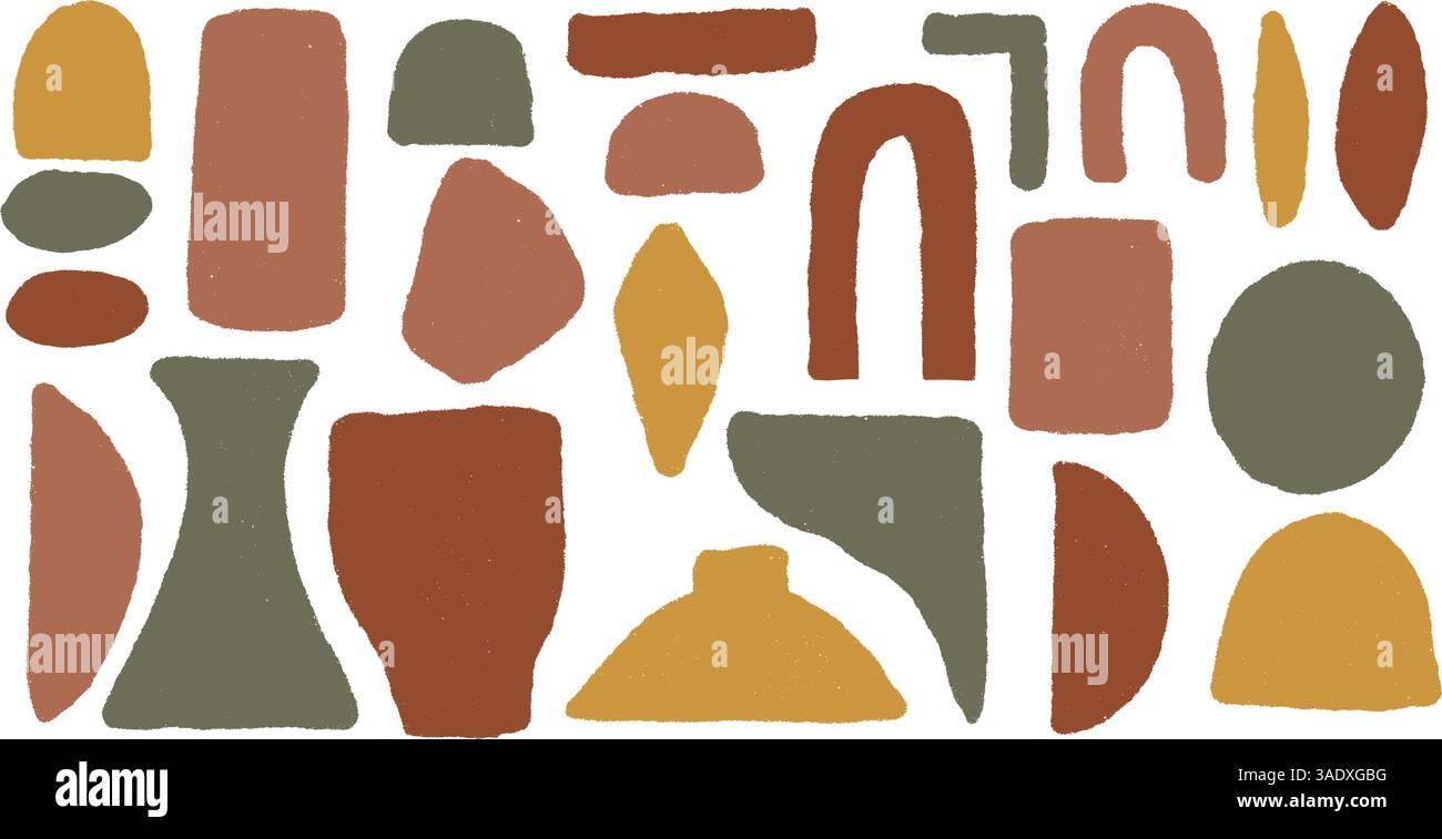 Silhouettenset für raue Figuren. Kreis, Rechteck und Ecke, Bogen. Abstrakte japanische Einrichtung. Vektorgeometrie formt Boho-Ästhetik. Handgezeichnetes organisches el Stock Vektor