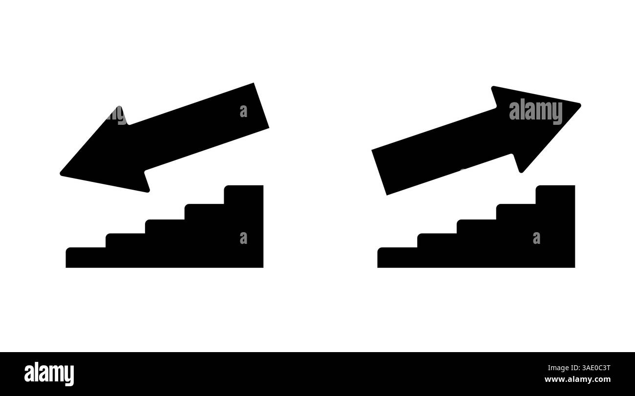 Pfeilsymbol über den Schritten in Schwarz auf weißem Hintergrund, Stufen nach oben oder unten oder Element des Evakuierungsplans Stock Vektor